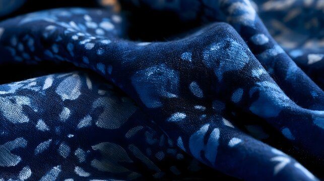 Close up of textured blue fabric with abstract white floral patterns and soft lighting highlighting folds and surface details