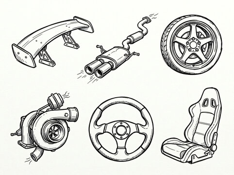 Car tuning and vehicle customization hand drawn illustrations set. Vintage doodle drawings of racing parts and sport auto elements. Clean line art collection for speed shop branding.