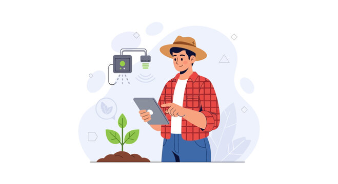Farmer using tablet for smart agriculture, controlling irrigation system with plant growth technology