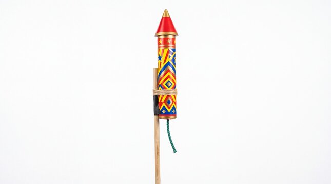 Single colorful firework rocket standing vertically for display attached to wooden stick on white background