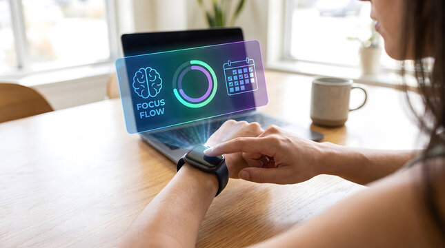 Woman using smartwatch with virtual focus flow hologram and productivity tracking interface, Time management and smart wearable technology concept with glowing digital dashboard and calendar.