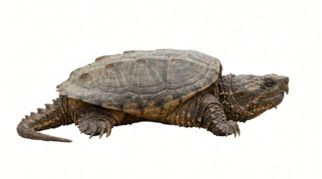 Snapping Turtle Profile View on White Background Showing Rugged Shell
