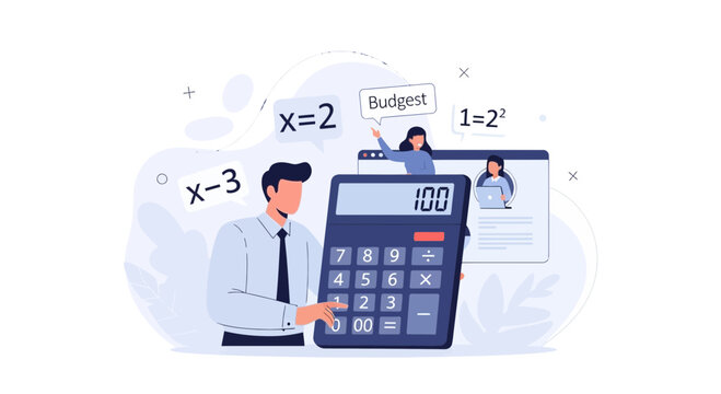 Finance and Math Concept Illustration: People using a calculator for budgeting and solving equations
