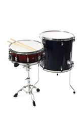 Fototapeta premium Snare and floor drums and drumsticks isolated on white