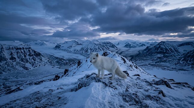 Arctic Fox Standing on a Snowy Mountain Ridge in Winter