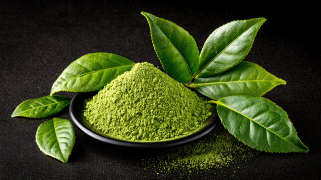 Green tea powder heap with fresh green leaves on black surface, vibrant and natural texture with fine powder and healthy plant elements