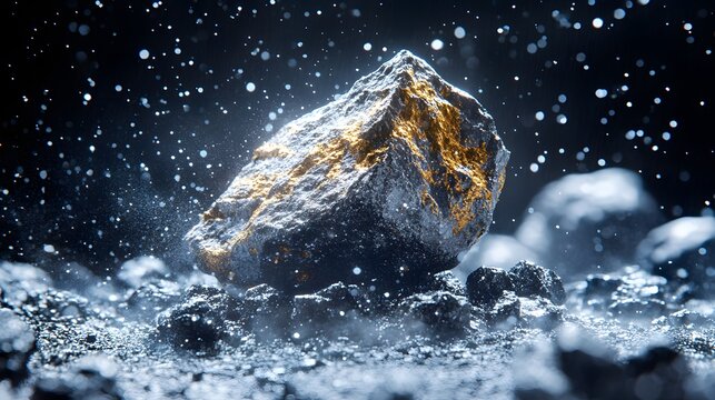 Cinematic meteorite auction scene with collectors bidding on rare specimens under dramatic lighting, showcasing excitement and high stakes of space rock collecting.