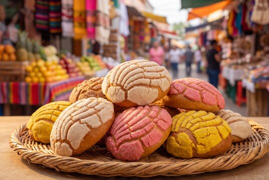 A woven basket filled with colorful, traditional Mexican conchas sweet bread, resting on a wooden table in front of a blurred, vibrant outdoor market.