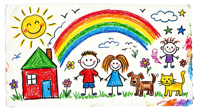 Children crayon drawing of family with house rainbow sun and pets on white background