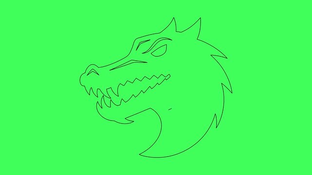 Minimalist dragon head line drawing animation isolated on green screen background video.