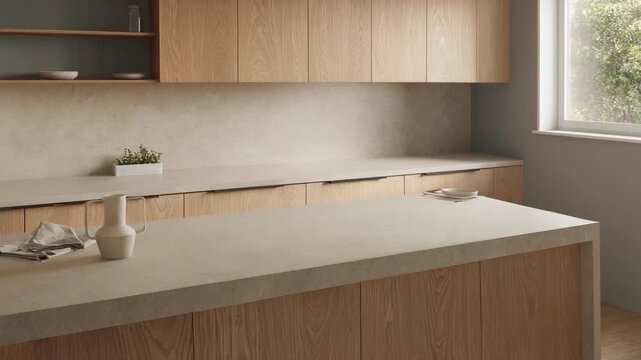 Serene minimalist kitchen with natural wood cabinetry and large stone island for modern home design