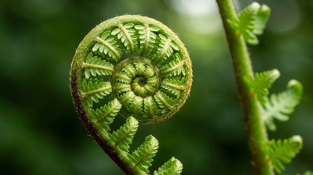 Detailed Macro Close Up of Fiddlehead Fern with Natural Fibonacci Spiral Geometry