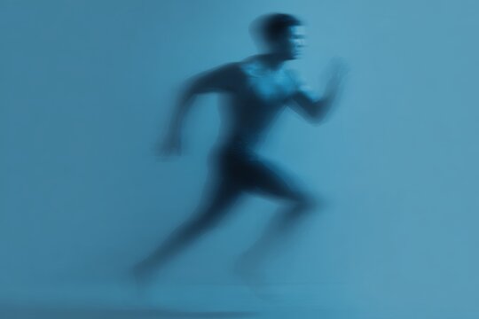 Blurred motion runner silhouette in blue tones for sports background and fitness poster design