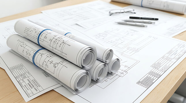 Rolled electrical blueprints and technical engineering drawings on a drafting table.