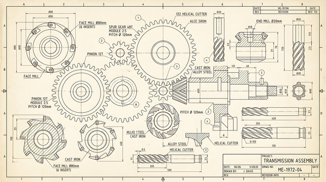 Vintage mechanical engineering blueprint with technical gear drawings and schematic plans