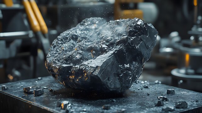 Close-up of a meteorite being cut open revealing its internal mineral structure with tools and equipment in background industrial lab setting for geological research or educational use.