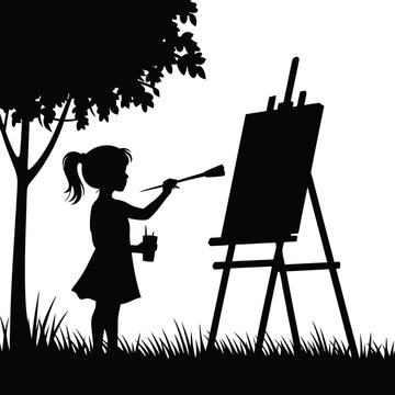 Girl painting on canvas easel outdoors in nature, a child artist silhouette for art education, creative development, kids summer activity, and inspiring young painters.