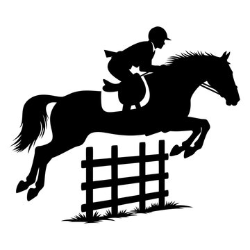 Equestrian Show Jumping Black Silhouette Graphic of Rider Jumping Horse Over Fence Obstacle for Sports Blogs, Horse Show Programs, and Apparel Design