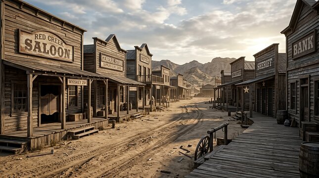 A 3D rendered illustration of a deserted street in a historic Wild West town featuring timber structures