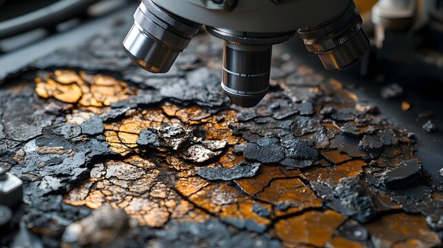 Close-up of a meteorite specimen under microscope revealing intricate mineral textures and surface fractures for geological research or educational use, elegantly showcasing geology.