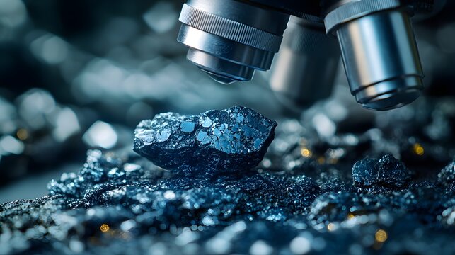 Close-up of a meteorite under microscope revealing mineral textures and composition. Scientific research, geology, space exploration, rock analysis, elegantly showcasing science.