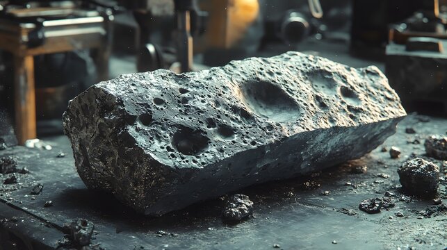 Close-up of a polished meteorite revealing its shiny surface and intricate textures with tools in background, ideal for science education or space exploration projects.