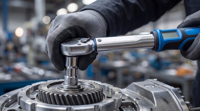 Mechanic tightening metal gear with digital torque wrench in factory with industrial workshop setting