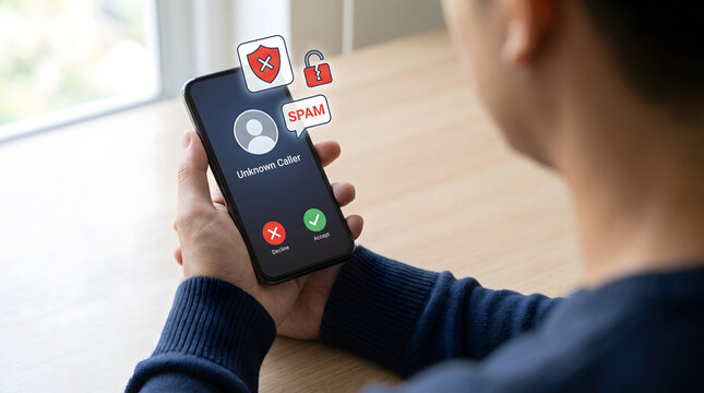 Hand holding smartphone with unknown caller and red spam warning alerts on dark background, Phone scam and cybersecurity concept with suspicious incoming call warning on mobile screen.