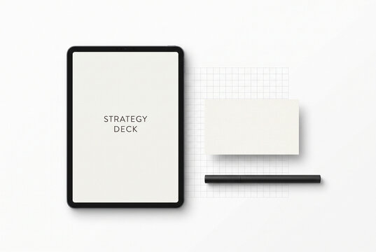 Business strategy deck mockup with tablet notebook and pen