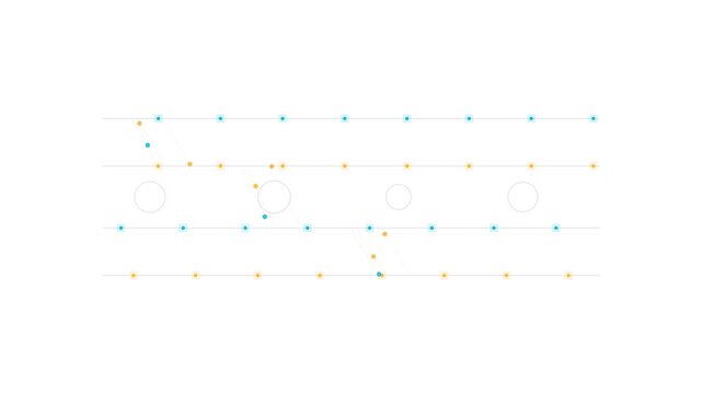 Minimalist geometric composition with thin horizontal lines and colorful dots symbolizing abstract data flow and digital connectivity