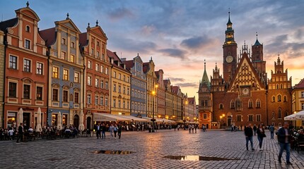 Obraz premium At sunset, the Old Town of Wroclaw, Poland, features multicolored houses and the City Hall on Market Square