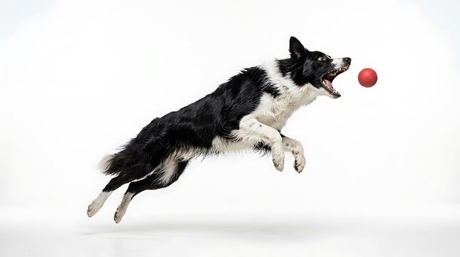 Border Collie Jumping in Mid-Air to Catch Red Ball