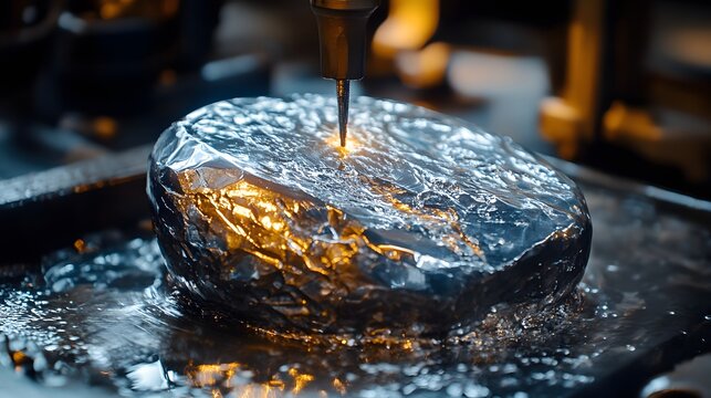 Close-up of a meteorite being polished to reveal its shiny metallic surface with intricate textures under focused light, surrounded by industrial tools and equipment.