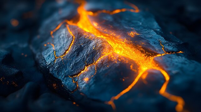 Close-up of glowing meteorite fusion crust with fiery orange veins against dark rock surface, dramatic lighting highlights texture and natural geological features for scientific or educational use.