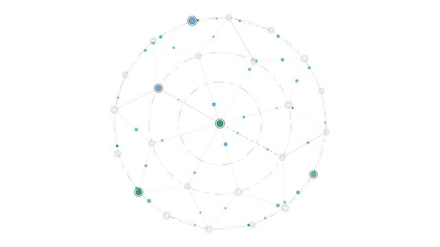 Abstract digital network visualization featuring a circular radial node graph with connected data points for technology and information systems
