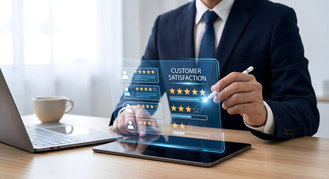 Businessman using tablet with virtual customer satisfaction and 5-star rating hologram, Customer feedback and CRM concept with manager interacting with digital review dashboard.