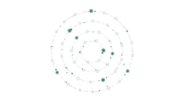 Abstract circular network connection with green data points representing digital technology and science visualization