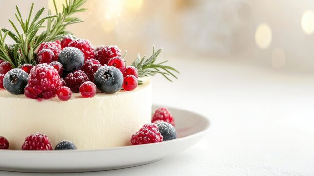 Delicate Berry Panna Cotta: A creamy panna cotta dessert adorned with fresh raspberries, blueberries, and currants, garnished with a sprig of rosemary and dusted with powdered sugar.