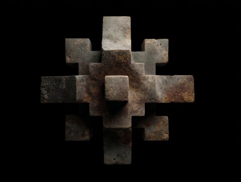 Aged chakana inca cross stone artifact on black background for cultural history display and museum exhibition banner
