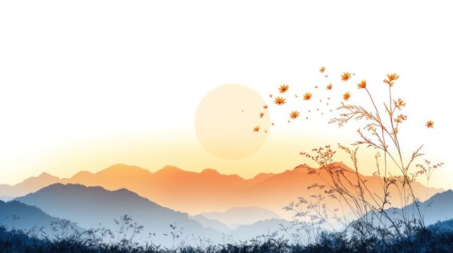 Serene Mountain Sunrise with Wildflowers: A breathtaking watercolor-inspired landscape depicting rolling mountains bathed in the soft hues of sunrise.