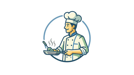 Chef cooking with frying pan in circular badge.