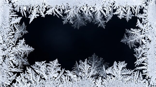Frost patterns on a window glass, winter background with ice crystals forming a frame against a dark backdrop