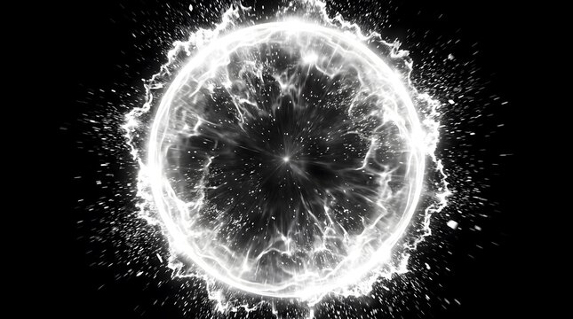 Abstract glowing white energy sphere with particles and light rays on black background