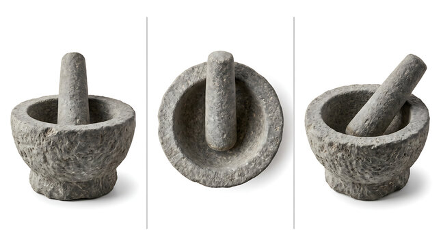 Stone mortar and pestle multiple angle view isolated on white background, product reference sheet