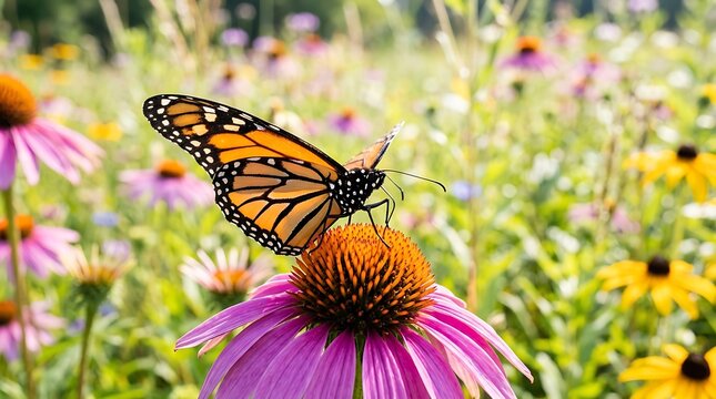Monarch Butterfly Feeding on Purple Coneflower in Wildflower Meadow