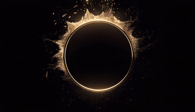 A perfectly circular golden eclipse ring with an irregular crown of ultra-fine light rays around the upper half.
Tiny particles escape outward like solar dust.
Center completely transparent.
Elegant, 