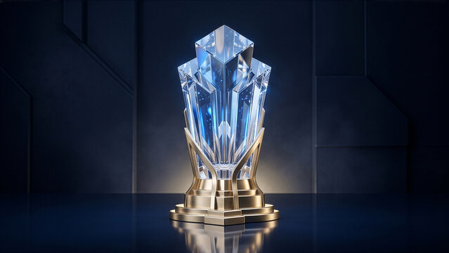 Glowing blue crystal trophy on gold base in dark room