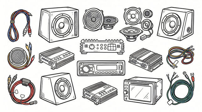 Car audio system and sound equipment hand drawn illustrations set. Vintage doodle drawings of auto speakers and amplifiers. Clean line art collection for electronic installation shop.
