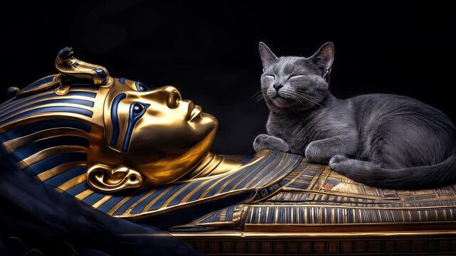 Domestic cat sleeping on golden pharaoh sarcophagus. Ancient Egyptian burial mask with feline companion. Lockdown shot.