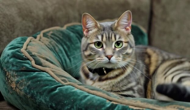 A close-up of a tabby cat with green eyes, brown and black stripes and a black collar, lying in a plush dark teal pet bed. 4K video